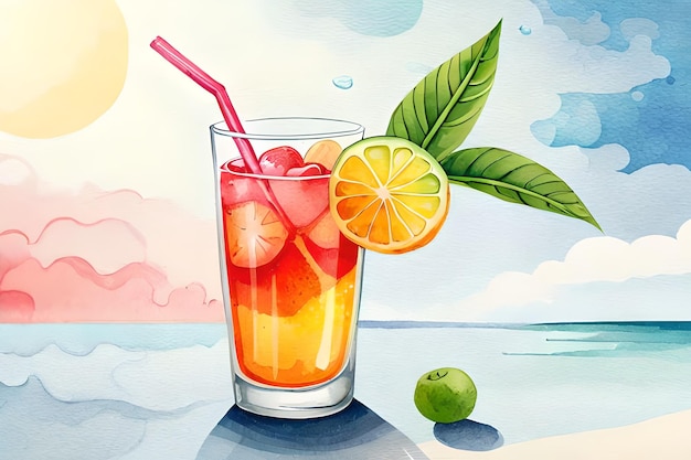 A colorful illustration of a glass of orange juice with a straw and a green leaf.