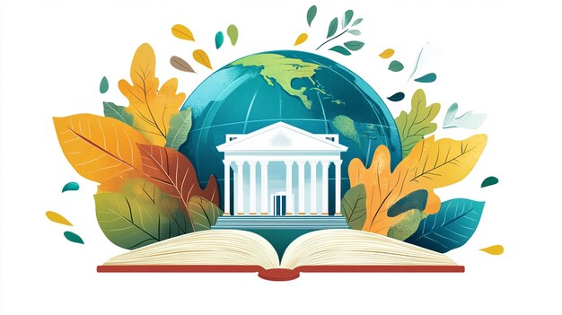 Colorful illustration of a globe with a courthouse on top