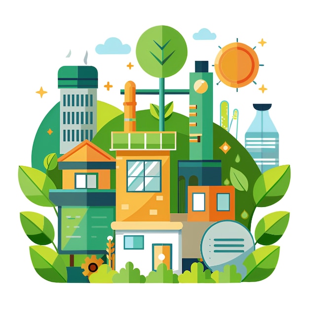 Photo a colorful illustration of a green and orange house with trees and plants