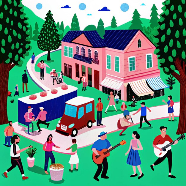 Photo a colorful illustration of a group of people playing guitar and a sign that says quot the word quot