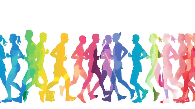 a colorful illustration of a group of people running