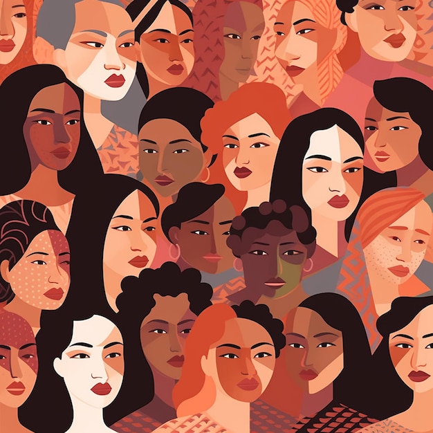 A colorful illustration of a group of women with one of them saying'women '