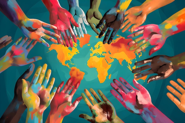 A colorful illustration of hands reaching out to a world map.