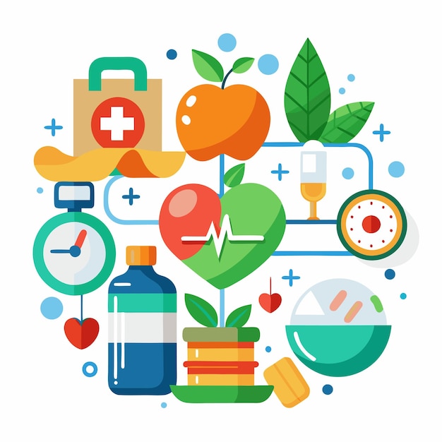 A colorful illustration of healthy lifestyle elements heart apple leaves water bottle clock weight scale exercise equipment and a pill bottle