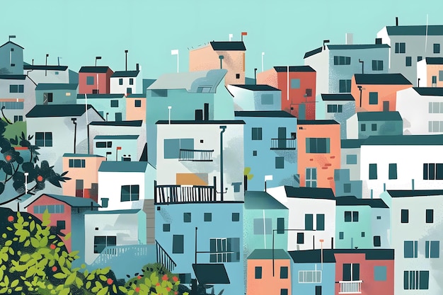 Photo colorful illustration of a hillside town