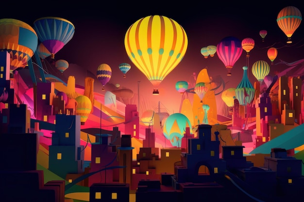 A colorful illustration of a hot air balloon flying over a town.