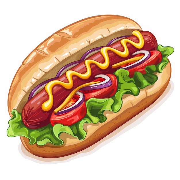 Colorful illustration of a hot dog with mustard in a soft bun