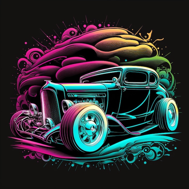 A colorful illustration of a hot rod with a black background.