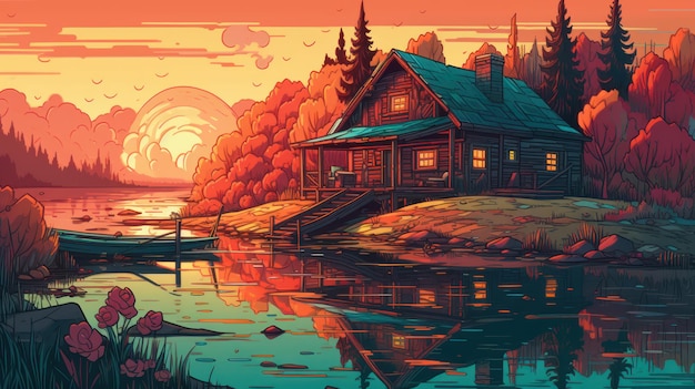 A colorful illustration of a house on a lake with a boat in the water.