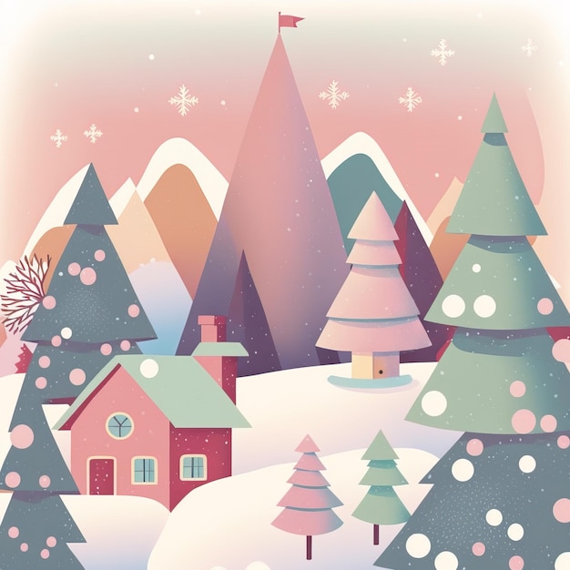 A colorful illustration of a house surrounded by trees and snow.