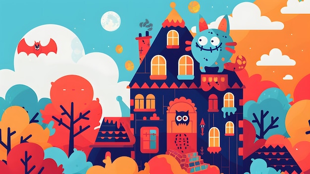 a colorful illustration of a house with a blue owl on the roof