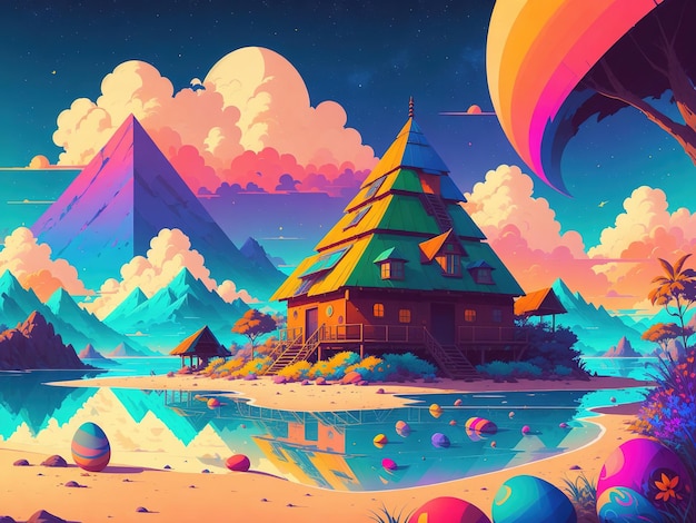 A colorful illustration of a house with a rainbow roof and a colorful sky