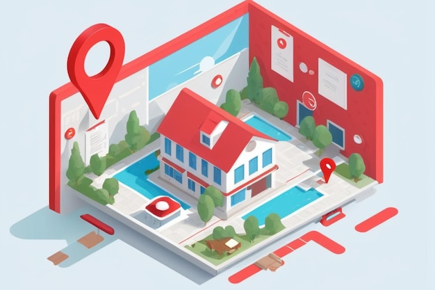 a colorful illustration of a house with a red roof with a red GPS pin