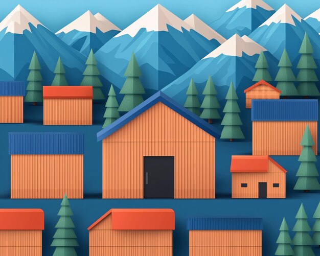 Photo colorful illustration of houses nestled in a mountainous landscape surrounded by trees