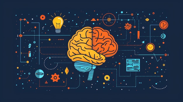 Photo a colorful illustration of a human brain connected with various technology and innovation icons on a dark background