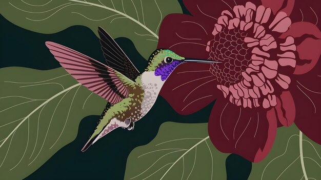 Photo a colorful illustration of a hummingbird with a purple flower