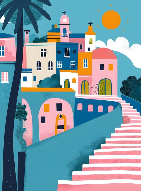 Photo colorful illustration of an italian village with a palm tree