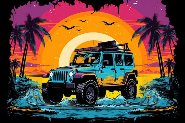 A colorful illustration of a jeep with the words jeep on the front.