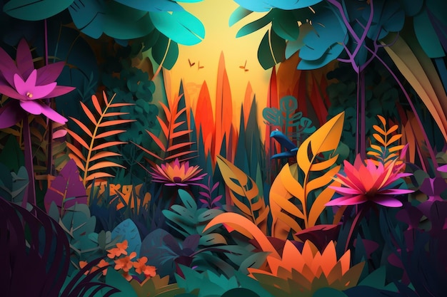 A colorful illustration of a jungle scene with a bird on the ground.