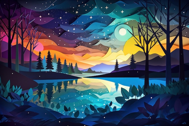 A colorful illustration of a lake and mountains with a starry sky.