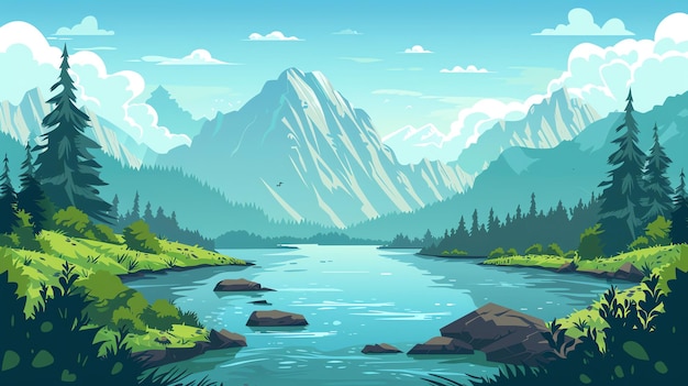 A colorful illustration of a lake with a forest and mountains in the background