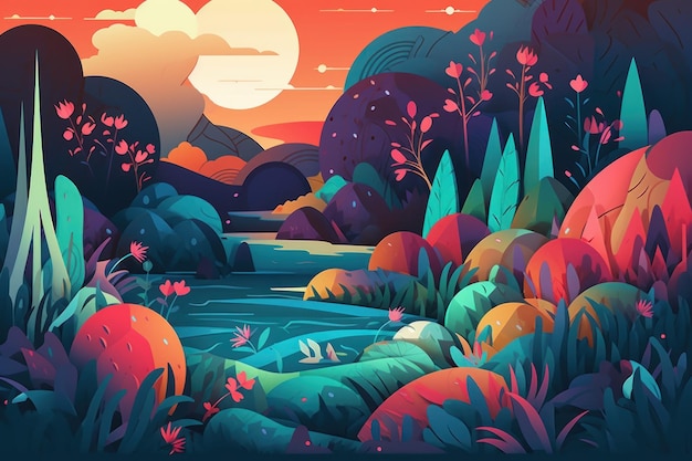 A colorful illustration of a lake with a mountain in the background.