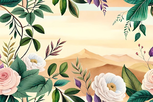 A colorful illustration of a landscape with flowers and mountains in the background.