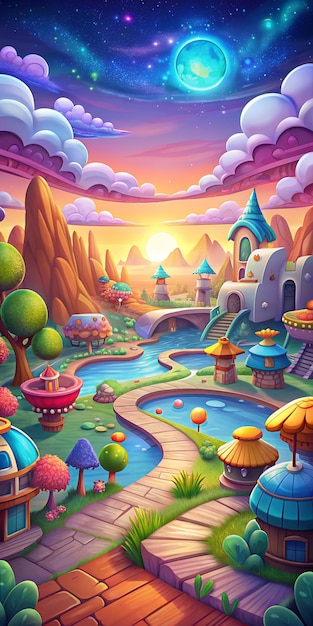 colorful illustration of a landscape with a sunset screensaver for the game in a cartoon style