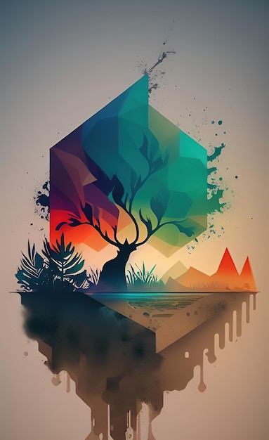 A colorful illustration of a landscape with trees and mountains.