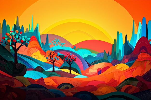 A colorful illustration of a landscape with trees and a sun in the background.