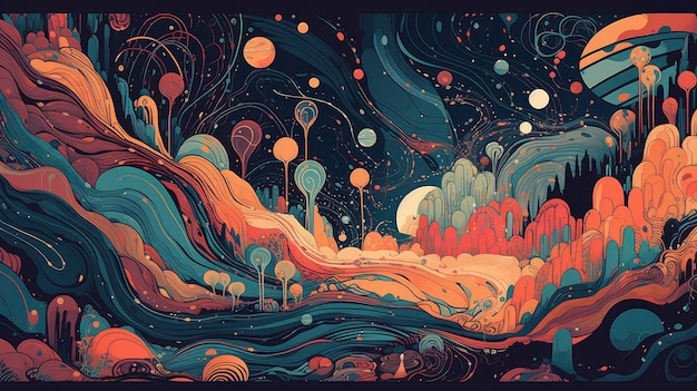 A colorful illustration of a landscape with trees and the words'planet'on it