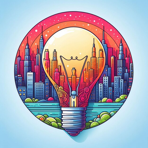 A colorful illustration of a light bulb with a cityscape in the background