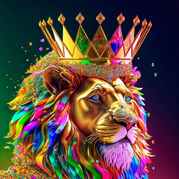 A colorful illustration of a lion with a crown on his head.