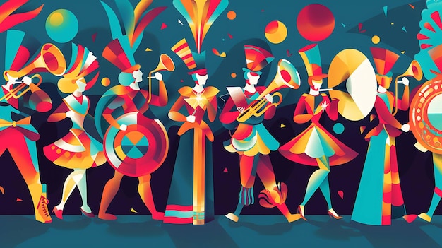 Photo colorful illustration of a marching band in festive costumes