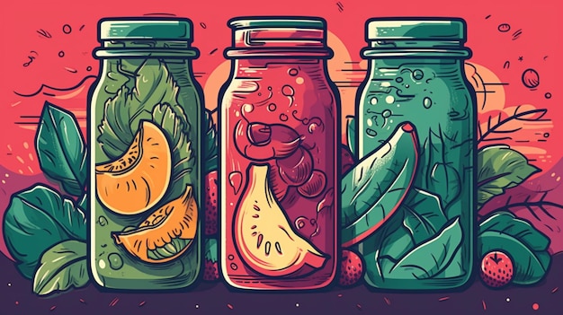 A colorful illustration of mason jars of fruit and vegetables.