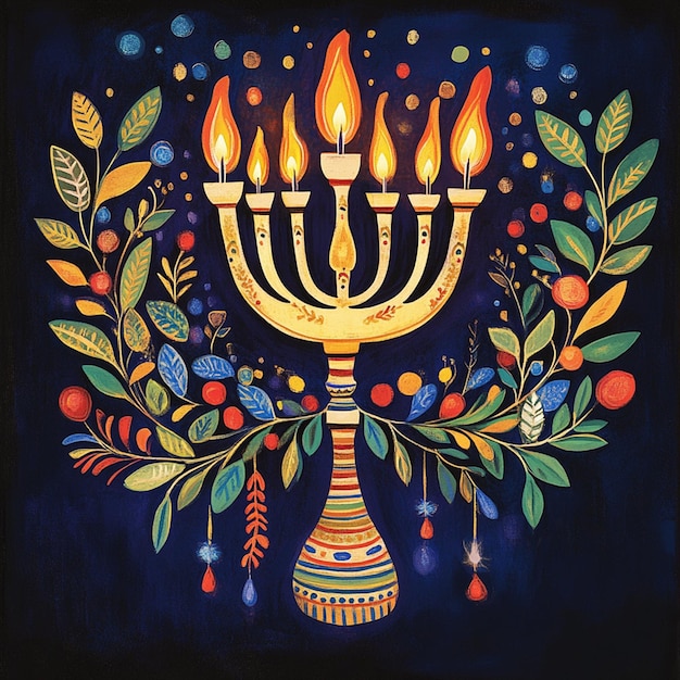 Colorful Illustration of a Menorah Ornaments and the Text Hanukkah