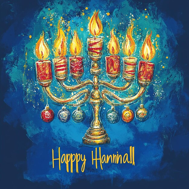 Photo colorful illustration of a menorah ornaments and the text hanukkah