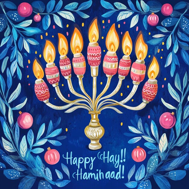 Photo colorful illustration of a menorah ornaments and the text hanukkah