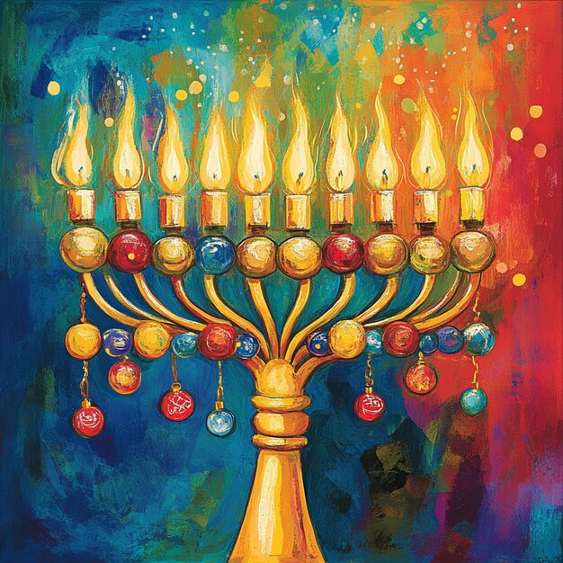 Photo colorful illustration of a menorah ornaments and the text hanukkah