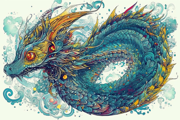 A colorful illustration of a mermaid with a blue tail and gold and blue eyes.