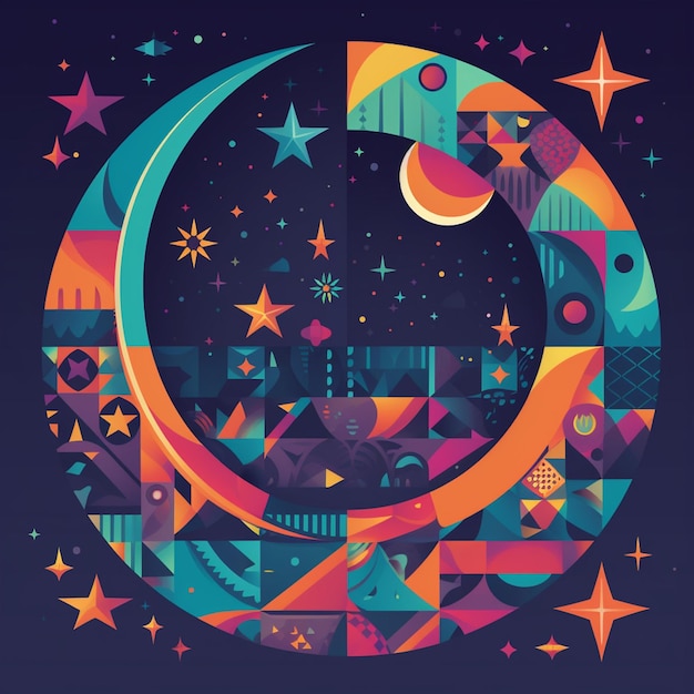 A colorful illustration of a moon and stars with a moon in the background.