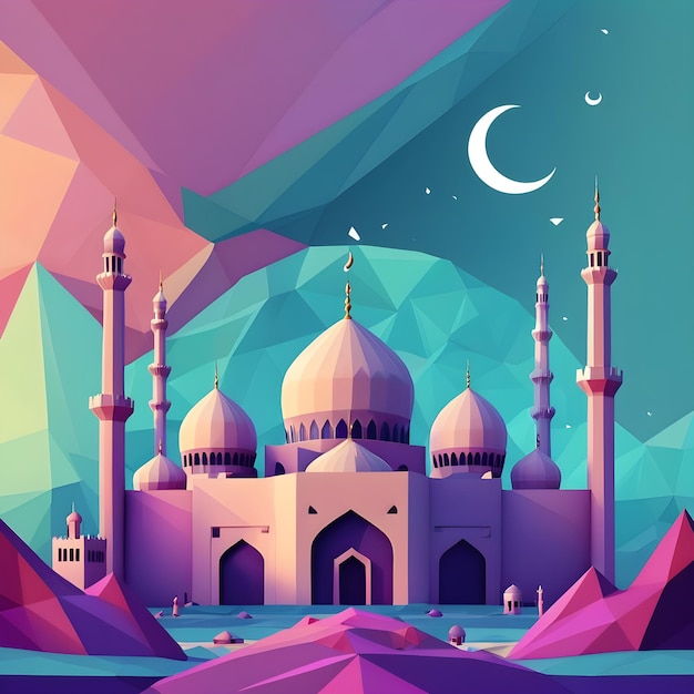 Photo a colorful illustration of a mosque with a blue and pink background