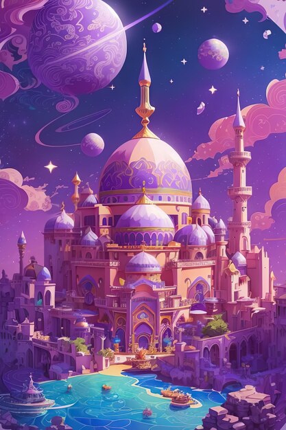 a colorful illustration of a mosque with a blue sky and a place of worship in digital art style