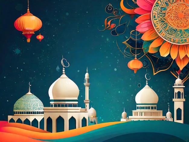 a colorful illustration of a mosque with a colorful background