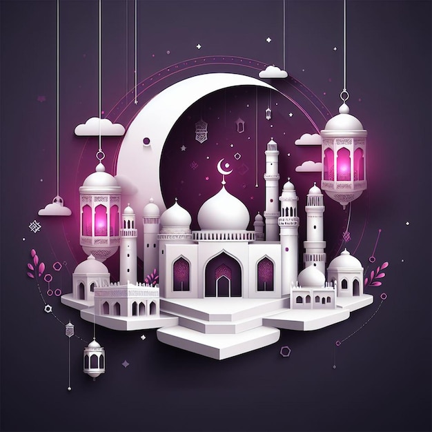 a colorful illustration of a mosque with a moon and a mosque on the top