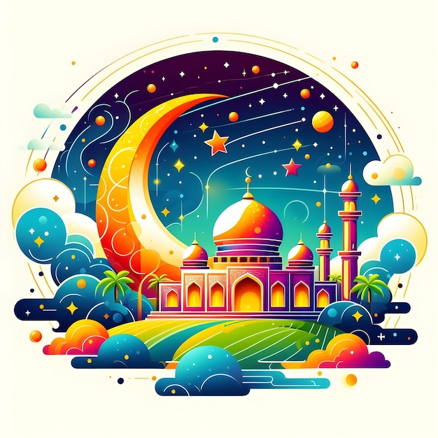 a colorful illustration of a mosque with a moon and stars in the background