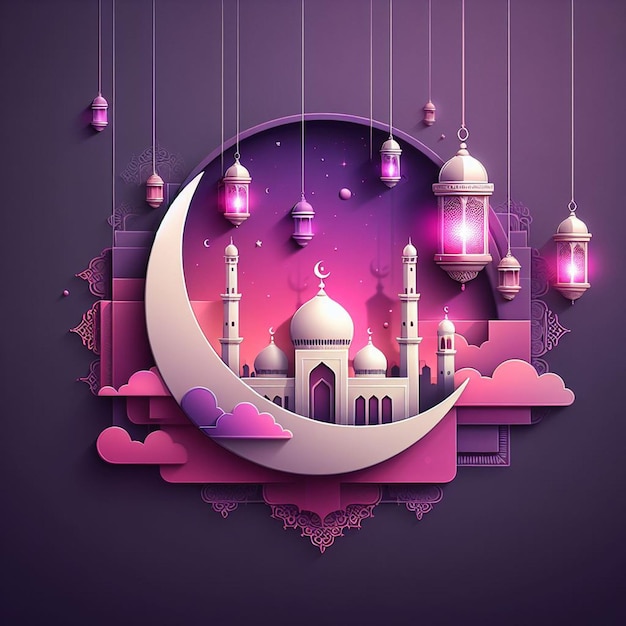 a colorful illustration of a mosque with a pink moon and a pink mosque on the top