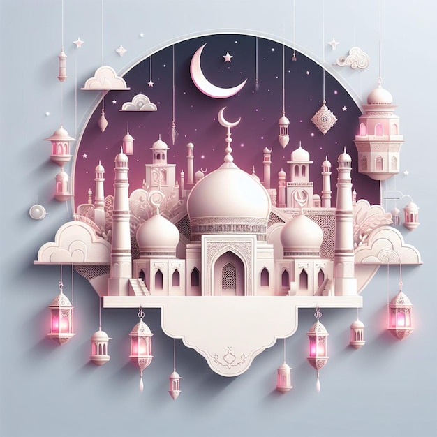 a colorful illustration of a mosque with a pink and purple background