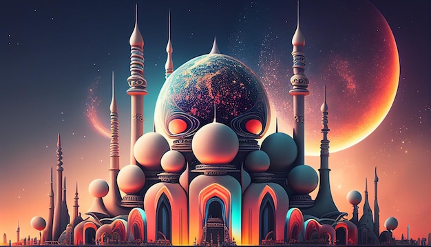 A colorful illustration of a mosque with a planet on the top.