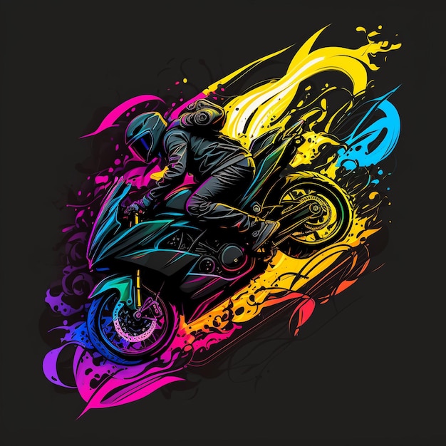 A colorful illustration of a motorcycle with a rider on the front.